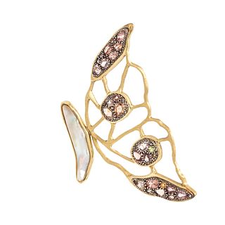 DOROTA, YELLOW GOLD, SAPPHIRE AND CULTURED PEARL BUTTERFLY MOTIF BROOCH