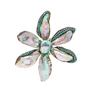CHRISTOPHER WALLING, ABALONE PEARL AND TOURMALINE FLOWER BROOCH 