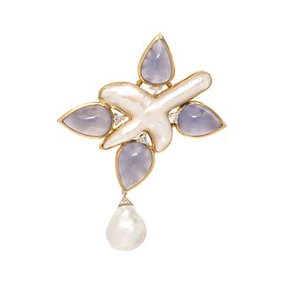 CHRISTOPHER WALLING, CULTURED BIWA PEARL, BLUE CHALCEDONY AND DIAMOND BROOCH