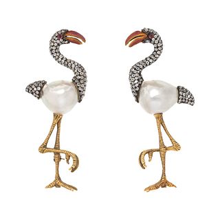 EVELYN CLOTHIER, CULTURED BAROQUE PEARL AND DIAMOND FLAMINGO BROOCHES