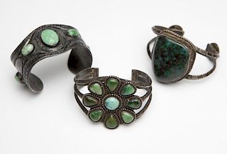 Three Native American turquoise and silver cuffs