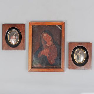Lote de 3 obras pictóricas. España y otro, siglo XX. Anónimos. Consta de: 2 Retratos de damas y Virgen Dolorosa.