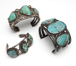 Three Native American turquoise and silver cuffs