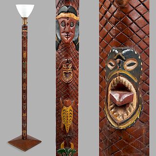 Prison folk art carved and polychromed totem lamp
