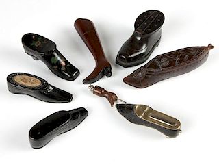 Group of shoe-form snuff, match boxes & stanhope