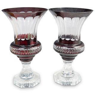 Pair of Cranberry Crystal Cut Vases