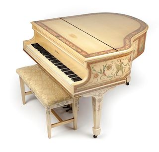 A Baldwin baby grand piano with hand-painted case