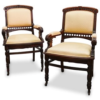 Pair Of Antique Carved Wood and Upholstered Chairs