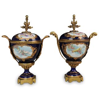 Pair Of Sevres Style Porcelain and Bronze Urns