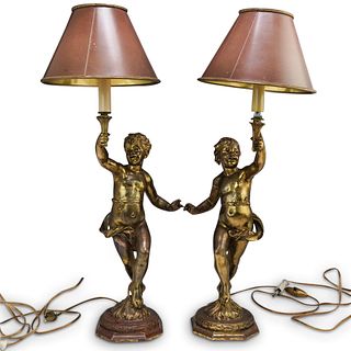 Pair Of Bronze Putti Angel Lamps