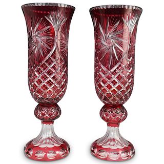 Pair Of Ruby Red Crystal Cut Vases