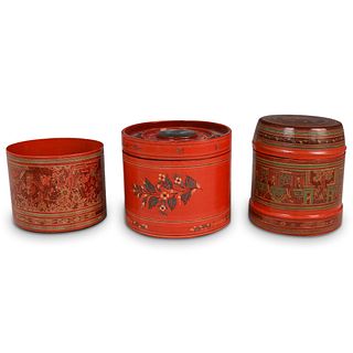 (2 Pc) Traditional Oriental Round Box Lacquer Boxes