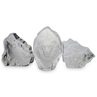 (3 Pc) Etched Animal Art Glass Paperweights