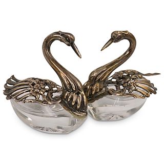 (2 Pc) Silver Glass Swan Salt and Pepper Holders Shakers