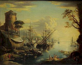 19th C. Oil on Canvas. Italian Harbor Scene.