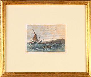 Colored Engraving of Ship in Distress Off Coast