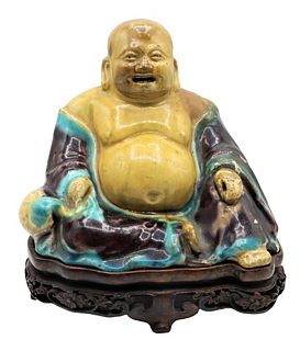Glazed Buddha with Wooden Base