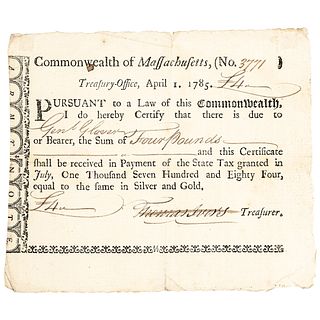GENERAL JOHN GLOVER Revolutionary War Era Mass Treasury Payment Certificate