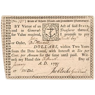 1777 Rev. War Rhode Island Treasurers 2-Year 6% Debt Certificate, Anderson RI-1