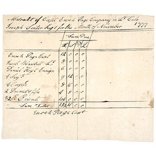 1777 Revolutionary War, Payment Due to Captain Enoch Pages Company Document 