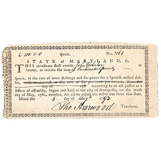 1793-Dated Federal Period Unique Usage Maryland Fiscal Bond Certificate 