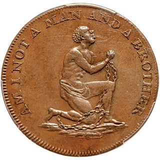 c. 1790 Anti-Slavery Token: Am I Not A Man And A Brother with Lettered Edge MS63