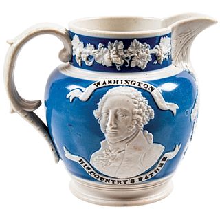 c. 1824 Rare George Washington + LaFayette Jasperware Pitcher produced in Blue