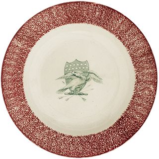 c. 1830 U.S. Heraldic Eagle + Shield Staffordshire Red Spatterware Soup Plate