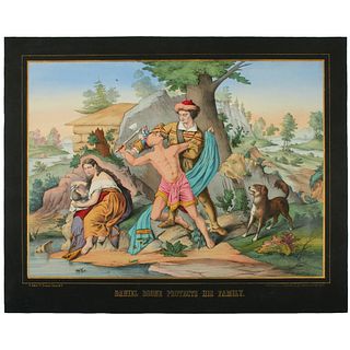 1874 DANIEL BOONE PROTECTS HIS FAMILY - Color Lithograph by H. Schile