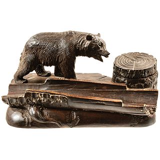 c. 1890s Hand-Carved Wooden Grizzly Bear Desk Top Inkwell and Pen Tray w/Bottle