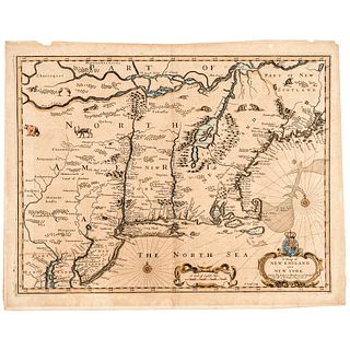 c. 1676 Hand-Colored JOHN SPEED Engraved Map: A Map of New England and New York