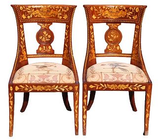 Pair of Italian Marquetry Inlaid Wooden Chairs