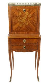 Early 20th French Inlaid Marble Top Secretary Desk