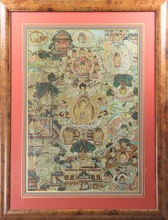 Intricate Buddhist Thangka With Burl Wood Frame