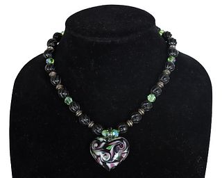 Black Beaded Necklace with Heart Pendant