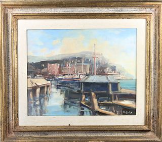 Signed Continental Dock Scene, Oil on Canvas
