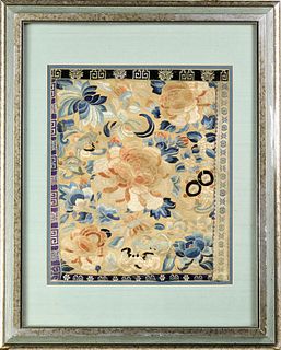 Framed Chinese Silk Embroidery of Bat and Flowers