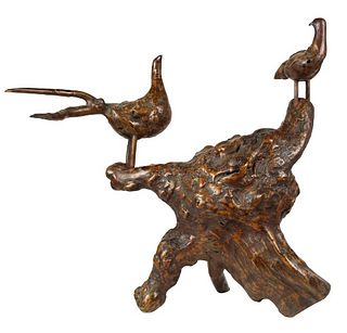 Chinese Burl Wood Carving of Birds