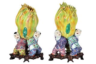 Pair of Chinese Figural Lotus Vases