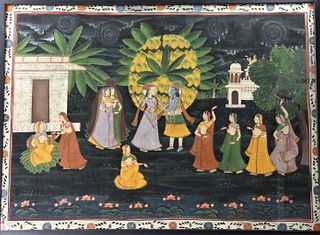 Scene of Krishna & the Gopis Painted on Silk