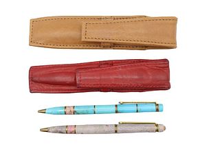 (2) Hardstone Pens with Leather Cases