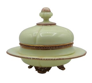 Vintage Green Opaline Glass Covered Dish