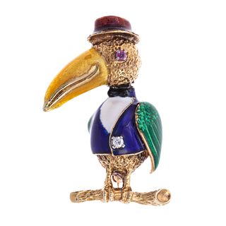 A 14K Vintage Whimsical Enamel Bird Brooch