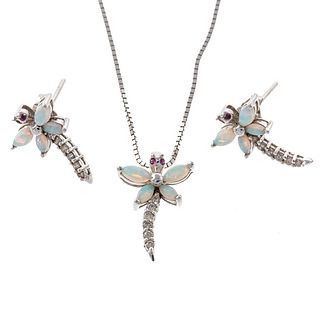 14K Opal & Diamond Dragonfly Necklace & Earrings