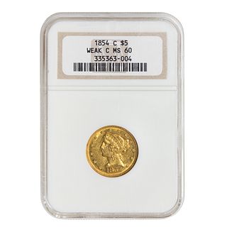 1854-C Liberty Gold $5 NGC MS60 Weak C