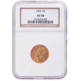 1854 $3 Gold, NGC AU58
