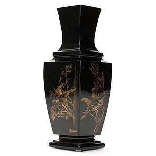 Baccarat Black Crystal Vase with Gilt Birds