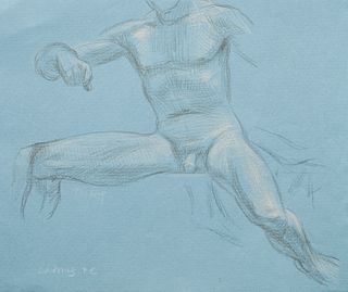 Paul Cadmus Seated Male Nude Crayon on Blue Paper