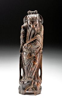 18th C. Chinese Wood Standing Figure w/ Brass Inlay