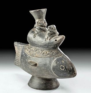 Chimu-Inca Blackware Fish Vessel w/ Boat Riders